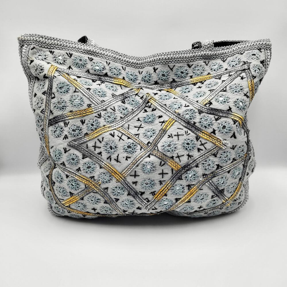 Light Blue Silver Gold Embroidered Mirrored Accents Tote Shoulder Bag Unbranded